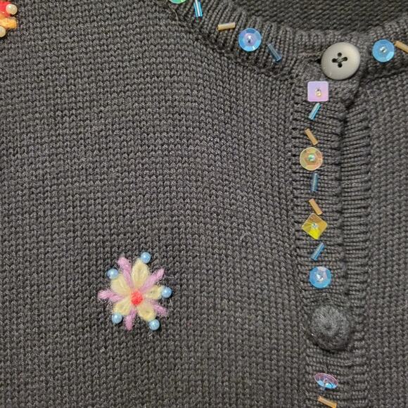Black Cardigan Multicolor Embroidered Snowflakes Beaded & Sequined Neckline- L - Picture 2 of 6